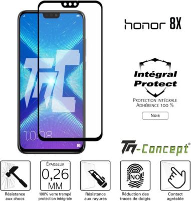 Protège écran TM CONCEPT Verre trempé intégral - Honor 8X - Noir Protège écran TM CONCEPT Verre trempé intégral - Honor 8X - Noir