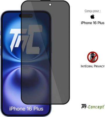Protège écran TM CONCEPT Verre trempé teinté pour iPhone 16+ Noir