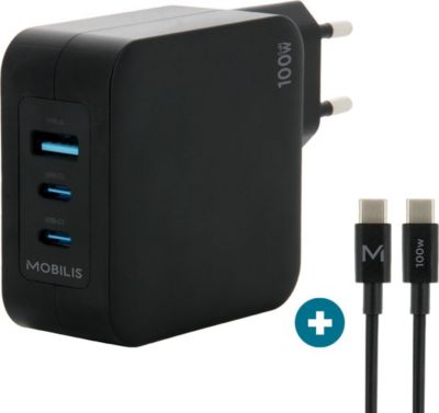Chargeur secteur MOBILIS Secteur GaN 100W Câble 2 USB-C 1 USB-A