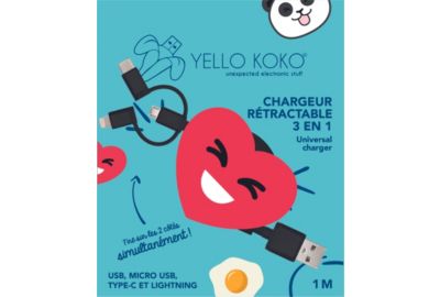 Câble trio YELLO KOKO USB vers USB-C/Micro/Ligthning 1M Coeur