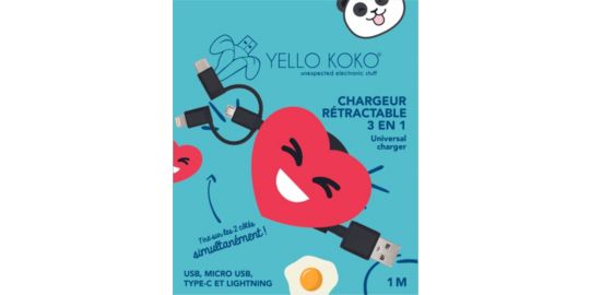 Câble trio YELLO KOKO USB vers USB-C/Micro/Ligthning 1M Coeur