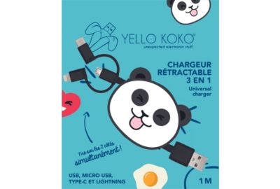 Câble trio YELLO KOKO USB vers USB-C/Micro/Ligthning 1M Panda