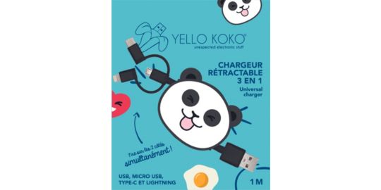 Câble trio YELLO KOKO USB vers USB-C/Micro/Ligthning 1M Panda