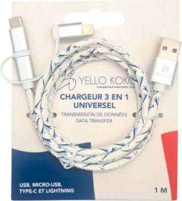 Câble micro USB YELLO KOKO FastCharge Kami 3A USB 3en1 1m