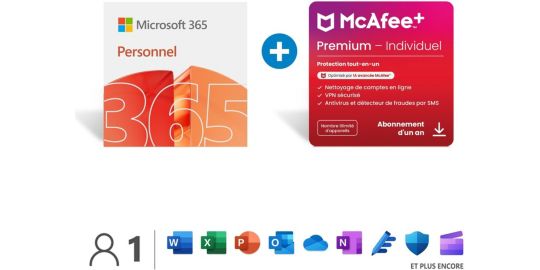 Logiciel de bureautique MICROSOFT M365 Personnel 2025 + McAfee+ Individual