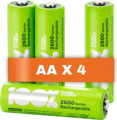 Pile rechargeable 100% PEAKPOWER Piles AA Rechargeables, Lot de 4 100%PP Pile rechargeable 100% PEAKPOWER Piles AA Rechargeables, Lot de 4 100%PP