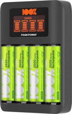 Pile rechargeable 100% PEAKPOWER Chargeur pour 4 piles avec 4 piles AA Pile rechargeable 100% PEAKPOWER Chargeur pour 4 piles avec 4 piles AA