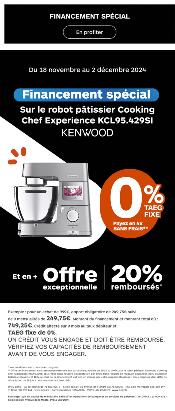 financement 4x SF Robot pâtissier Kenwood