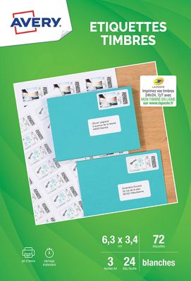 Papier créatif Avery 72 Etiquettes pour timbres 63.5x33.9mm