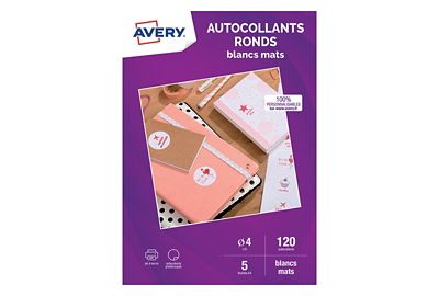Papier créatif AVERY 120 autocollants ronds blanc