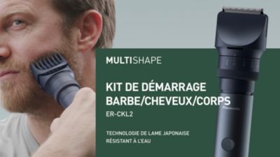 Voir la vidéo pour Tondeuse multi usages PANASONIC Multishape ER-CKL2-A301, molette réglable, 58 hauteurs de coupe, précision 0,5 mm, autonomie 70 mn