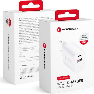 Chargeur secteur FORCELL USB C et USB A - 3A 30W PD Charge 4.0 Chargeur secteur FORCELL USB C et USB A - 3A 30W PD Charge 4.0