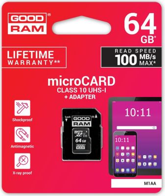 Carte Micro SD GOODRAM M1AA, SDXC-SDHC, 64GO, classe 10