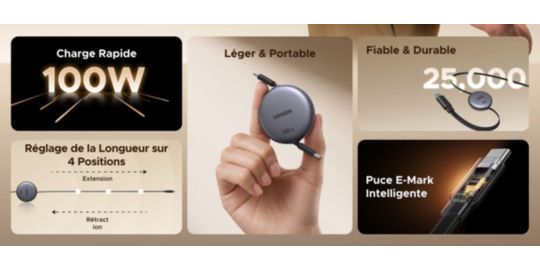 Câble USB C UGREEN Cable Rectractable 1m Noir 100W