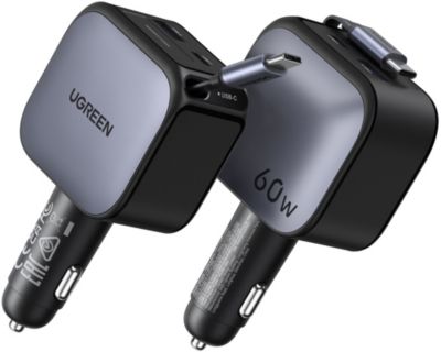 Chargeur allume cigare UGREEN Retractable USBC/USBA Noir 60W