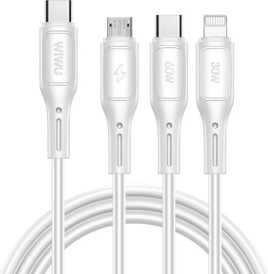 Câble alimentation WIWU USB-C, Micro USB et Lightning 60W Blanc
