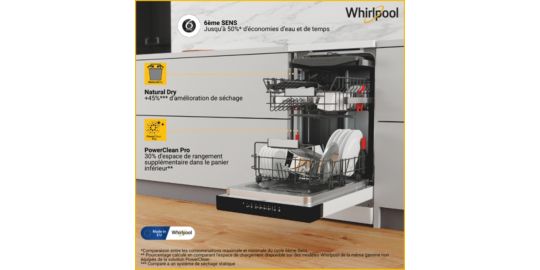 Lave vaisselle 45 cm WHIRLPOOL WSFO3O34PF 6ème Sens