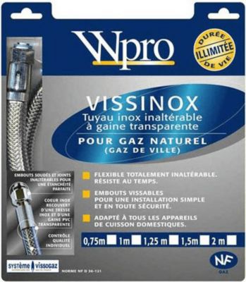 Alimentation WHIRLPOOL tuyau gaz naturel vissinox 2m Alimentation WHIRLPOOL tuyau gaz naturel vissinox 2m