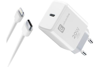 Chargeur + câble CELLULARLINE 20W USB-C vers Lightning noir + cable
