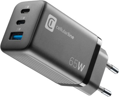 Chargeur CELLULARLINE 65W GAN 3 ports noir