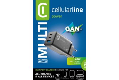 Chargeur CELLULARLINE 65W GAN 3 ports noir