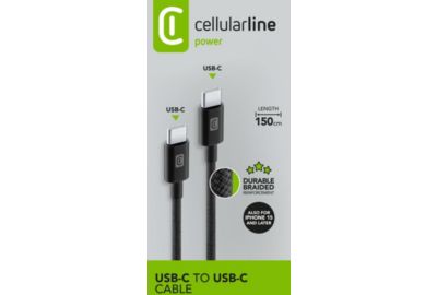 Câble de charge CELLULARLINE 1.5M USB-C vers USB-C tresse noir