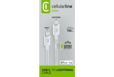 Câble de charge CELLULARLINE 1.5M USB-C vers Lightning tresse blanc