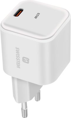 Chargeur secteur SWISSTEN GaN 65W Ultra Compact, USB-C Blanc