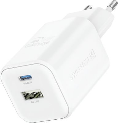 Chargeur secteur SWISSTEN USB C GaN 45W + USB 18W Blanc