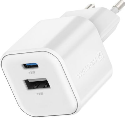Chargeur secteur SWISSTEN USB C + USB 12W Charge Rapide Blanc