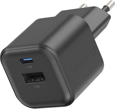 Chargeur secteur SWISSTEN USB C + USB 12W Charge Rapide Noir