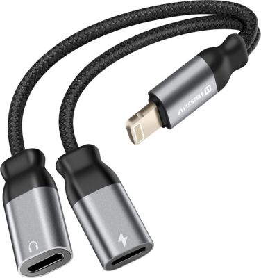Câble alimentation SWISSTEN Splitter Lightning 2-en-1 Tressé Noir