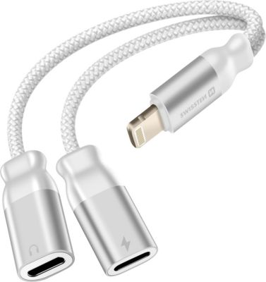 Câble alimentation SWISSTEN Splitter Lightning 2-en-1 Tressé Blanc