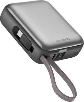 Batterie externe SWISSTEN 10000mAh Câbles USB-C et Lightning Gris