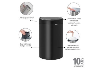 Poubelle manuelle BRABANTIA Touch Bin 40L - Matt Black