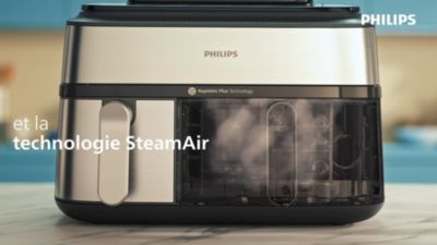 Voir la vidéo pour Airfryer PHILIPS NA555/00 friteuse sans huile double panier + vapeur Métal, Série 5000 9L (3+6L)