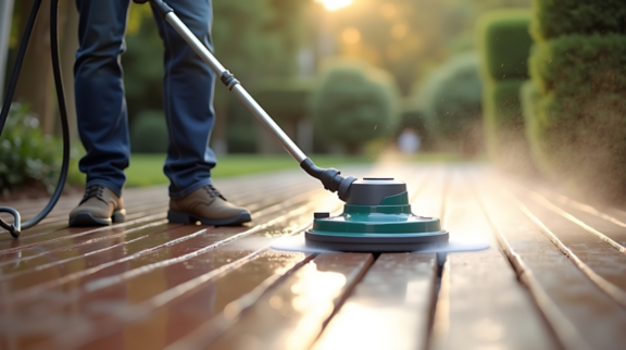 Person using a pressure washer with a rotary surface cleaner attachment to clean a wooden deck outdoors on a sunny day