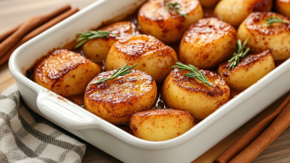 Baked cinnamon apple halves honey glaze warm cozy dessert rosemary garnish