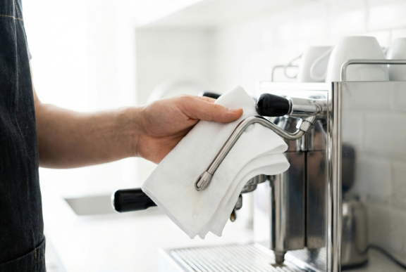 Barista hand wiping steam wand of professional coffee machine