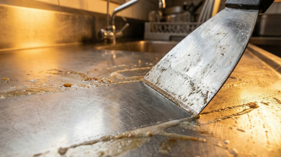 Cleaning griddle surface with spatula in industrial kitchen  