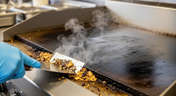 Cleaning griddle surface with spatula in industrial kitchen  