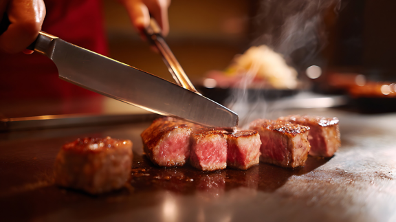Cleaning griddle surface with spatula in industrial kitchen  