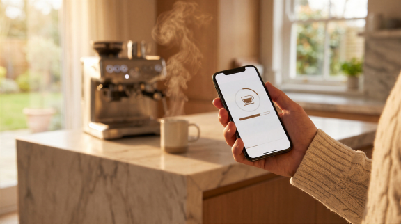 Person using a smartphone app to control a smart coffee machine in a modern kitchen