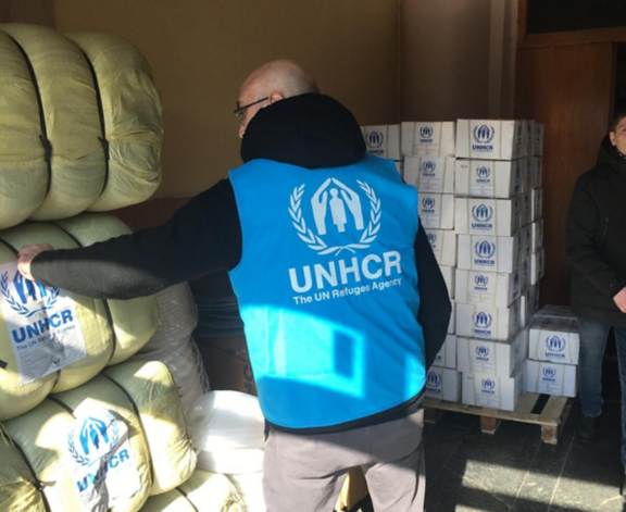 UNHCR is stockpiling aid items in the city of Kryvyi Rih in central Ukraine, including blankets, sleeping mats, jerrycans and kitchen sets. As people seek shelter from the Russian military offensive, UNHCR is in constant touch with communities of internally displaced people across Ukraine to identify needs and prepare responses. ; Russia launched its military offensive in Ukraine on 24 February 2022. By 27 February, hundreds of thousands of people had fled Ukraine into neighbouring countries. The largest numbers headed west into Poland, with others making for Hungary, Moldova, Romania and beyond.