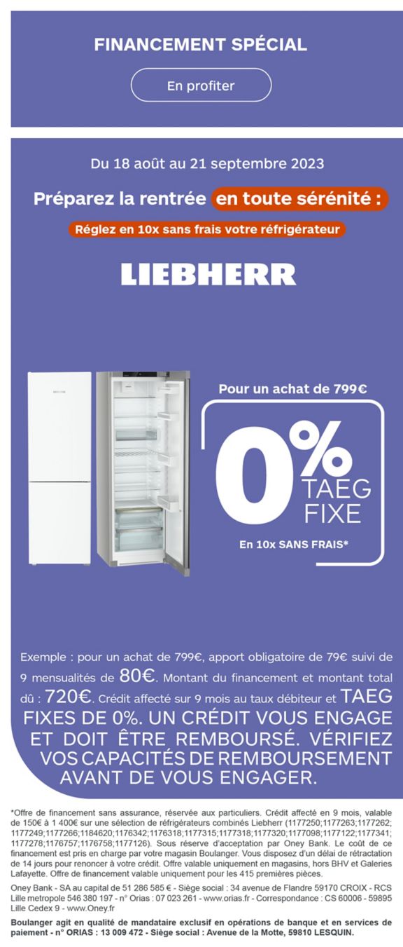 Financement special du 18 août au 21 septembre sur une sélection de réfrigérateurs Liebherr