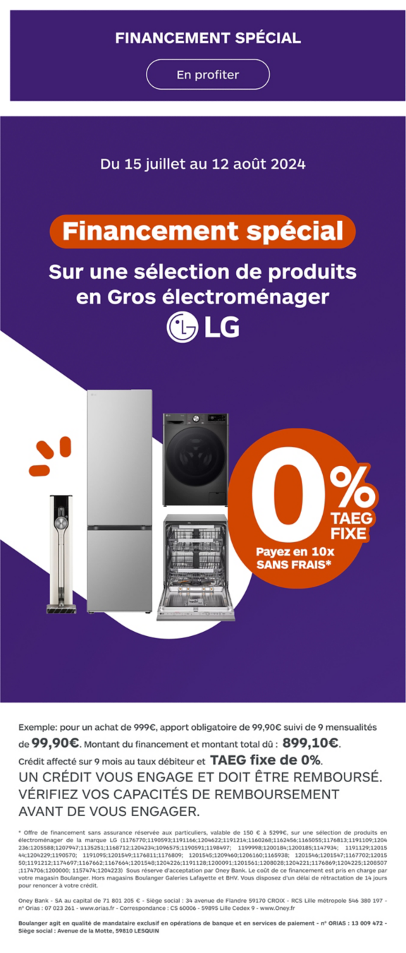 Financement 10 fois sans frais sur une sélection de produits gros électroménager LG