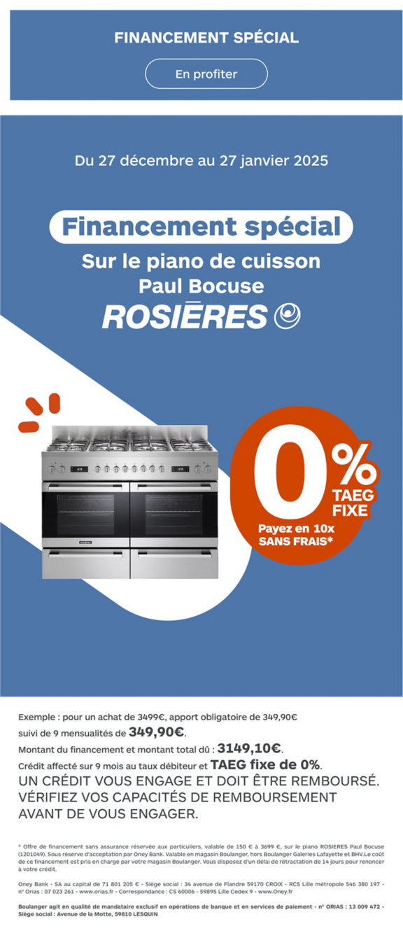 Financement spécial piano de cuisson Rosières