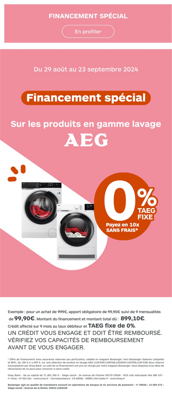 Financement spécial du 29 août au 23 septembre 2024 sur une sélection de produits AEG