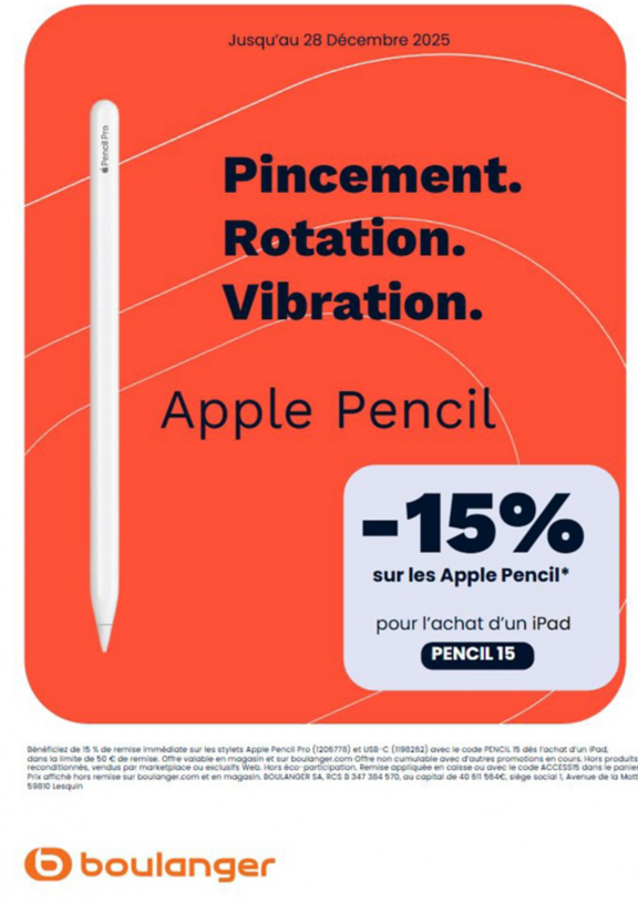 -15% sur les Apple Pencil pour l'achat d'un iPad avec le code PENCIL15
