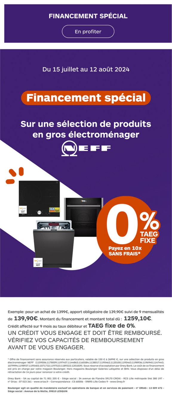 Financement 10 fois sans frais sur une sélection de produits gros électroménager Neff